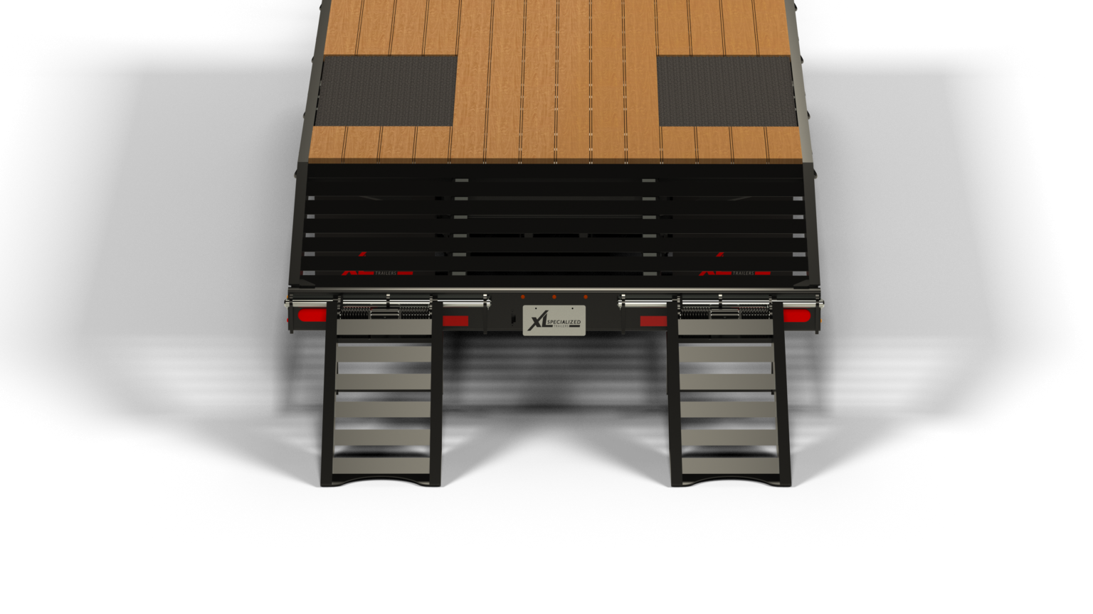 Rendering of XL Tag trailer, aerial view of back deck and ramps